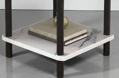 BAYTONA MX113 White Marble-Look Two-Tier Side Table with Black Metal Frame – Modern Accent Table