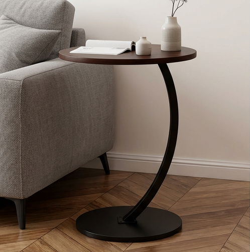BAYTONA MX089 Modern Walnut Round Side Table with Curved Black Metal Frame