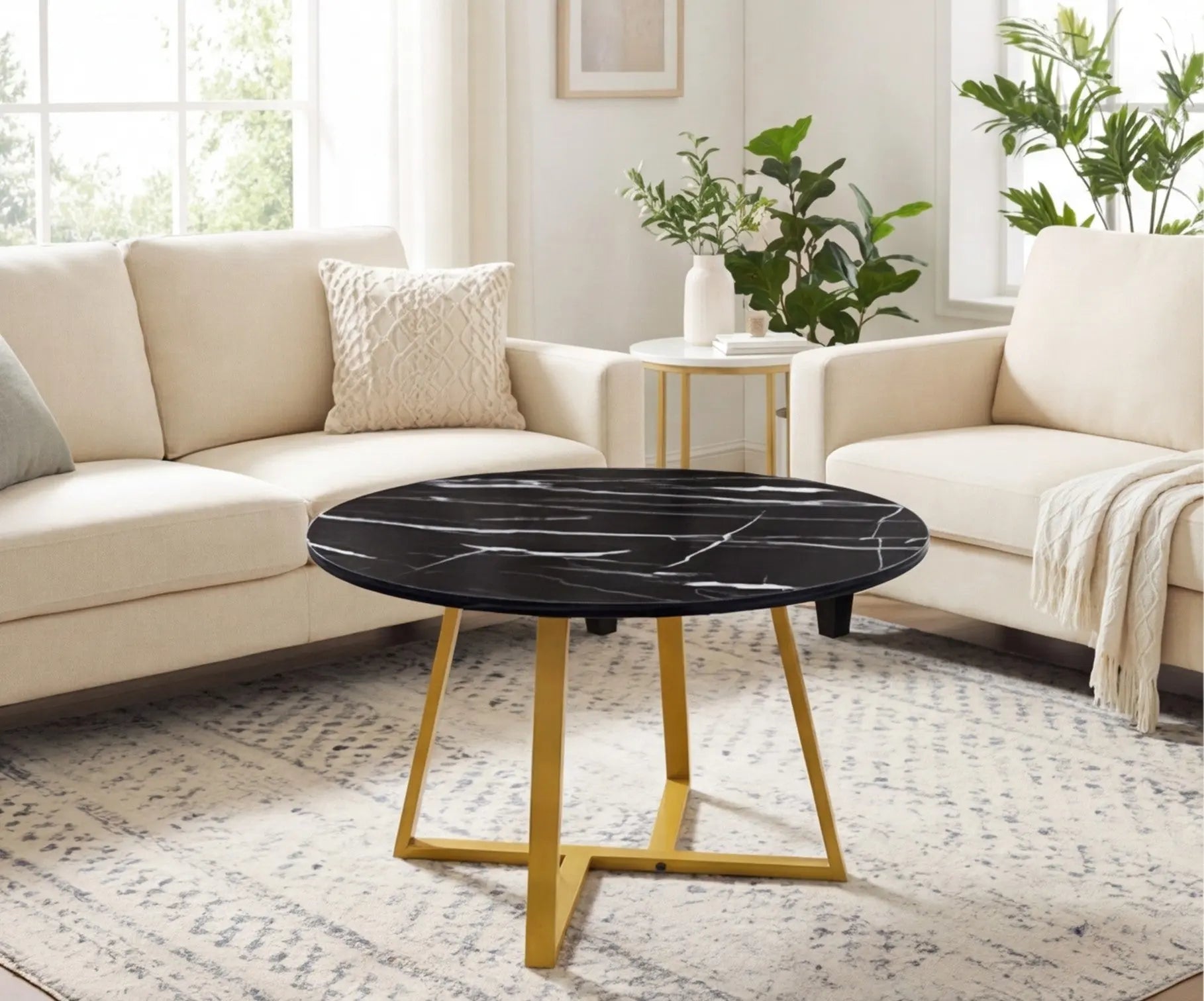 BAYTONA CF005 Modern Round Black Marble-Look Coffee Table with Gold Geometric Metal Base – Luxury Living Room Centerpiece Baytona