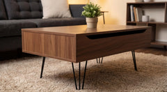 BAYTONA MX100 Mid-Century Lift-Top Coffee Table with Hidden Storage & Hairpin Legs – Walnut Finish Baytona