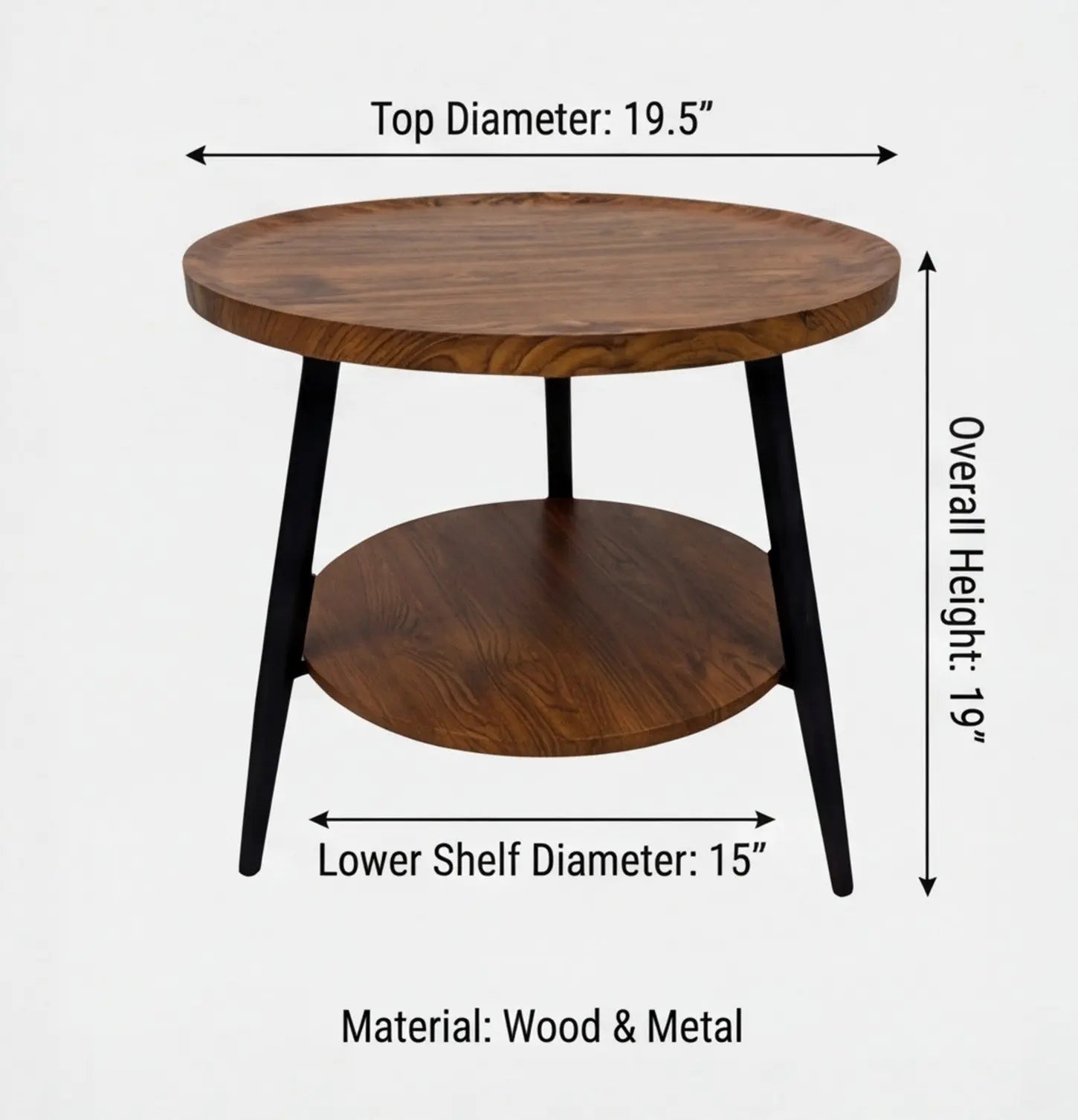 BAYTONA MX092 Round Walnut Finish Two-Tier Side Table with Tray Top & Metal Frame Baytona