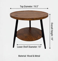 BAYTONA MX092 Round Walnut Finish Two-Tier Side Table with Tray Top & Metal Frame Baytona