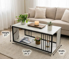 BAYTONA MX054 Modern White Marble Coffee Table with Open Storage Shelf & Black Metal Accents Baytona