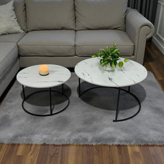 BAYTONA MX118 2-Piece Modern White Marble Look Nesting Coffee Table Set with Black Metal Base Baytona