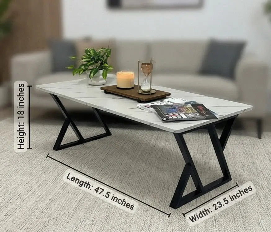 BAYTONA MX124 Modern White Marble Coffee Table with Geometric Black Metal Legs Baytona