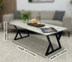 BAYTONA MX124 Modern White Marble Coffee Table with Geometric Black Metal Legs Baytona