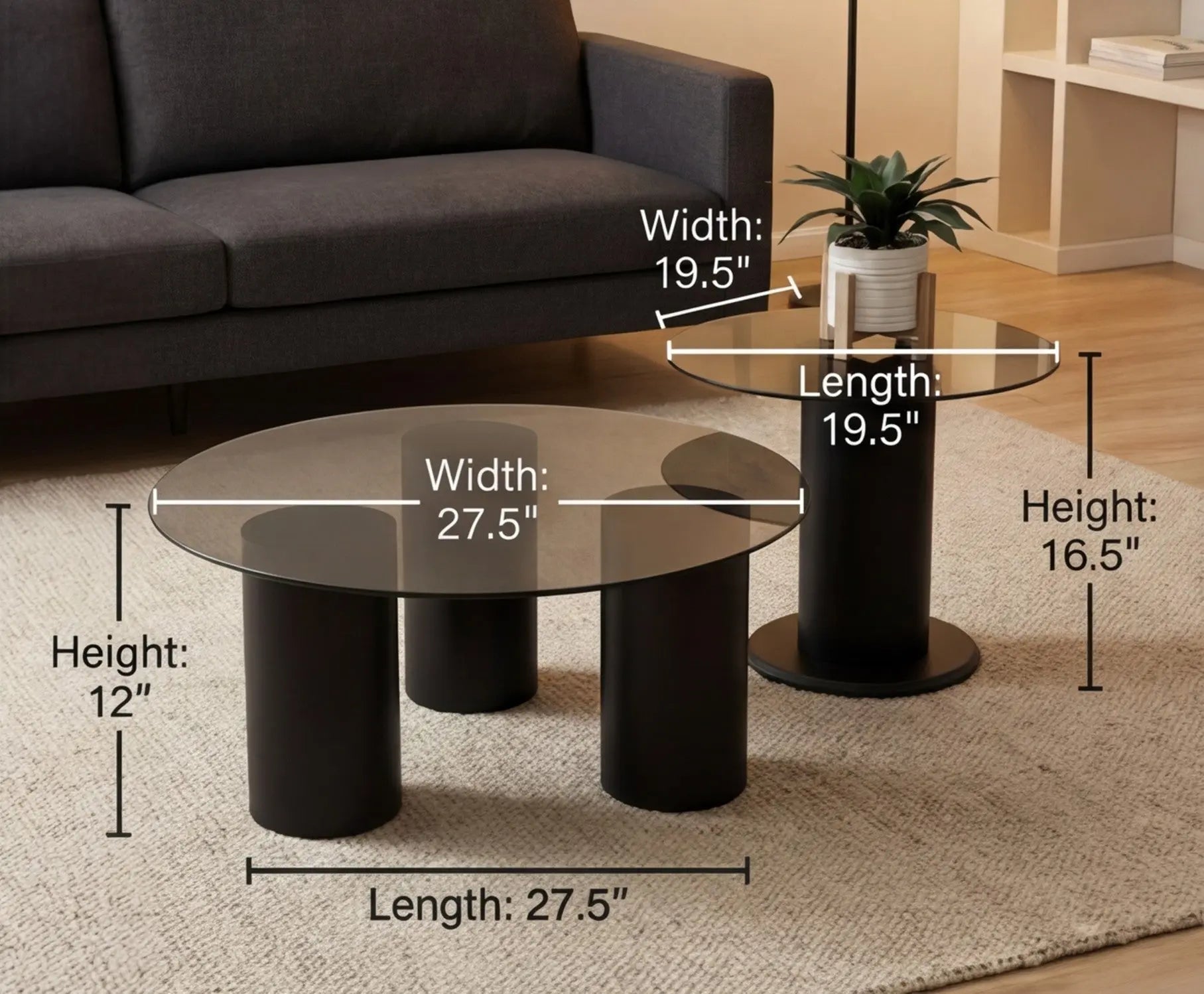 BAYTONA MX136 Modern Dark Tempered Glass Coffee Table Set of 2 – Round Minimalist Tables with Matte Black Base Baytona