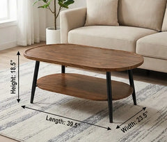 BAYTONA MX110 Modern Oval Walnut Coffee Table with Lower Storage Shelf – Black Metal Legs Baytona