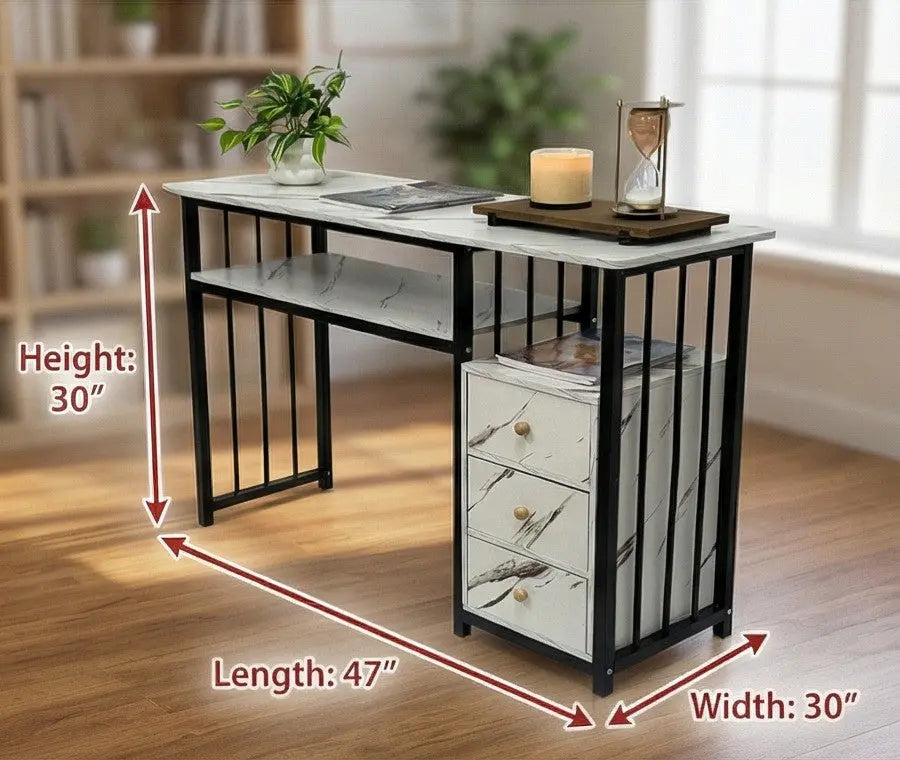 BAYTONA MX120 Modern White Marble Writing Desk with Storage Drawers & Black Metal Frame Baytona