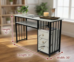 BAYTONA MX120 Modern White Marble Writing Desk with Storage Drawers & Black Metal Frame Baytona