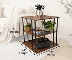 BAYTONA MX107 Three-Tier Dark Walnut Finish Side Table with Black Metal Frame – Multi-Level Storage Organizer Baytona