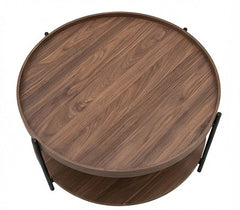 BAYTONA MX126 Modern Round Walnut Coffee Table with Lower Storage Shelf – Black Metal Frame