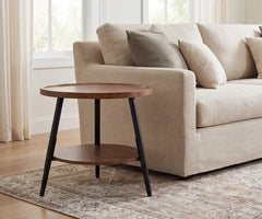 Beige sofa with a wooden side table in a living room setting