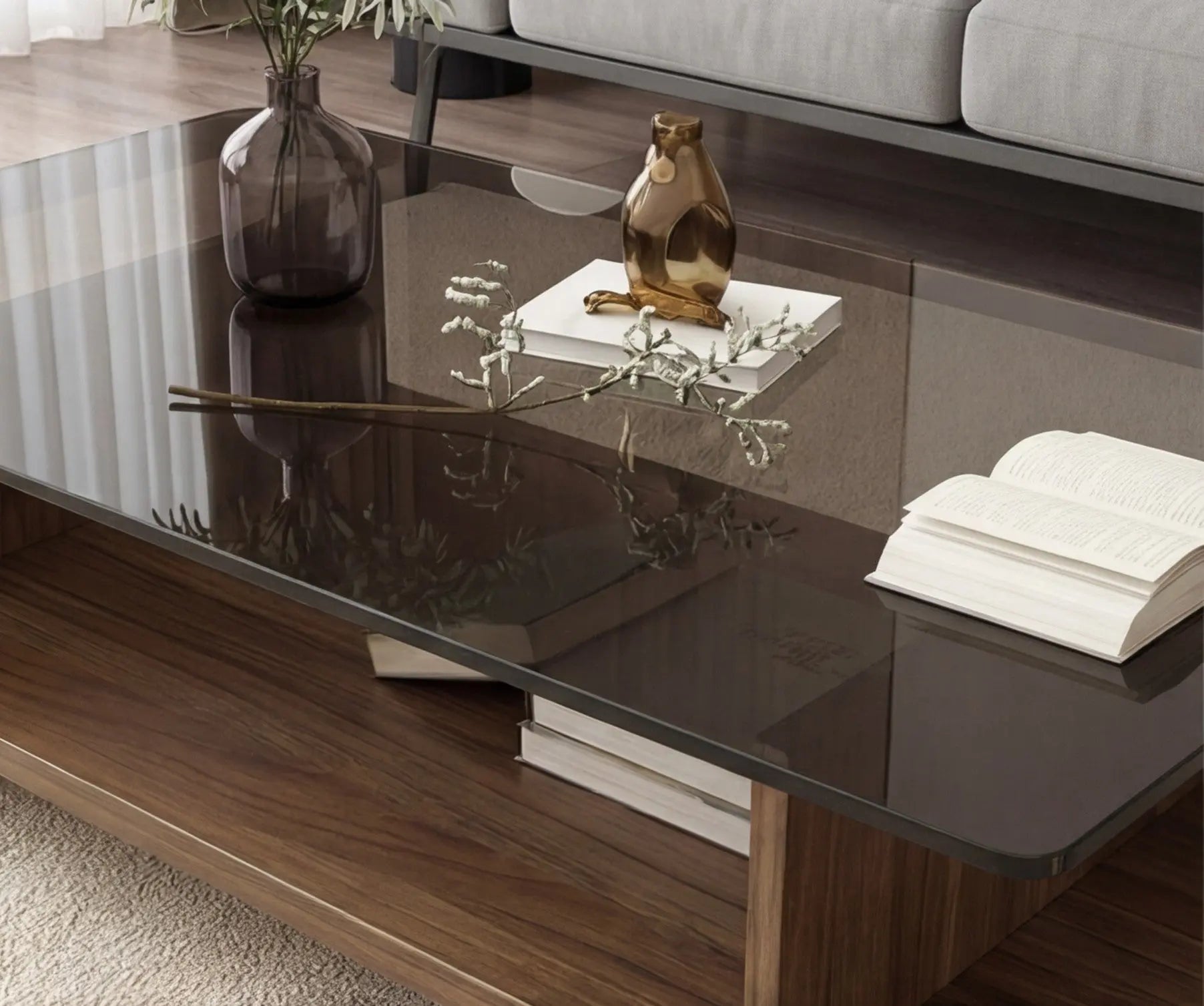 BAYTONA MX150 Modern Tempered Glass Coffee Table with Wood Base & Storage Shelf Baytona