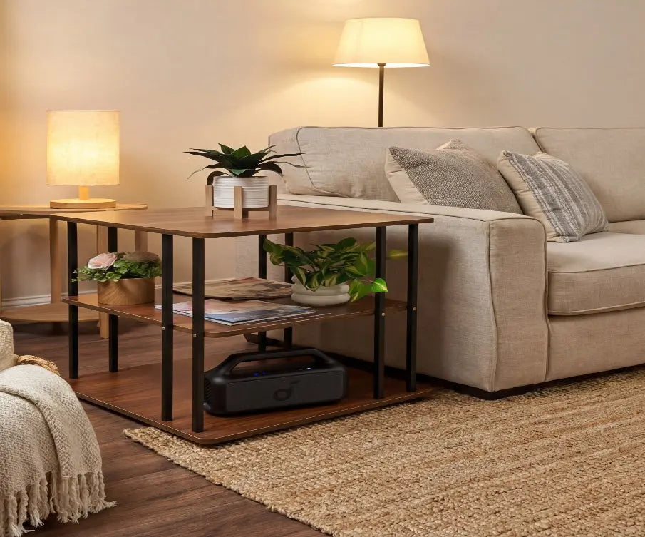 Living room with beige sofa, side table, and floor lamp