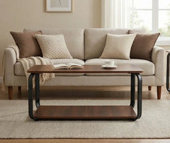 BAYTONA CF004 Modern Walnut Coffee Table with Black Metal Frame & Two-Tier Storage Baytona