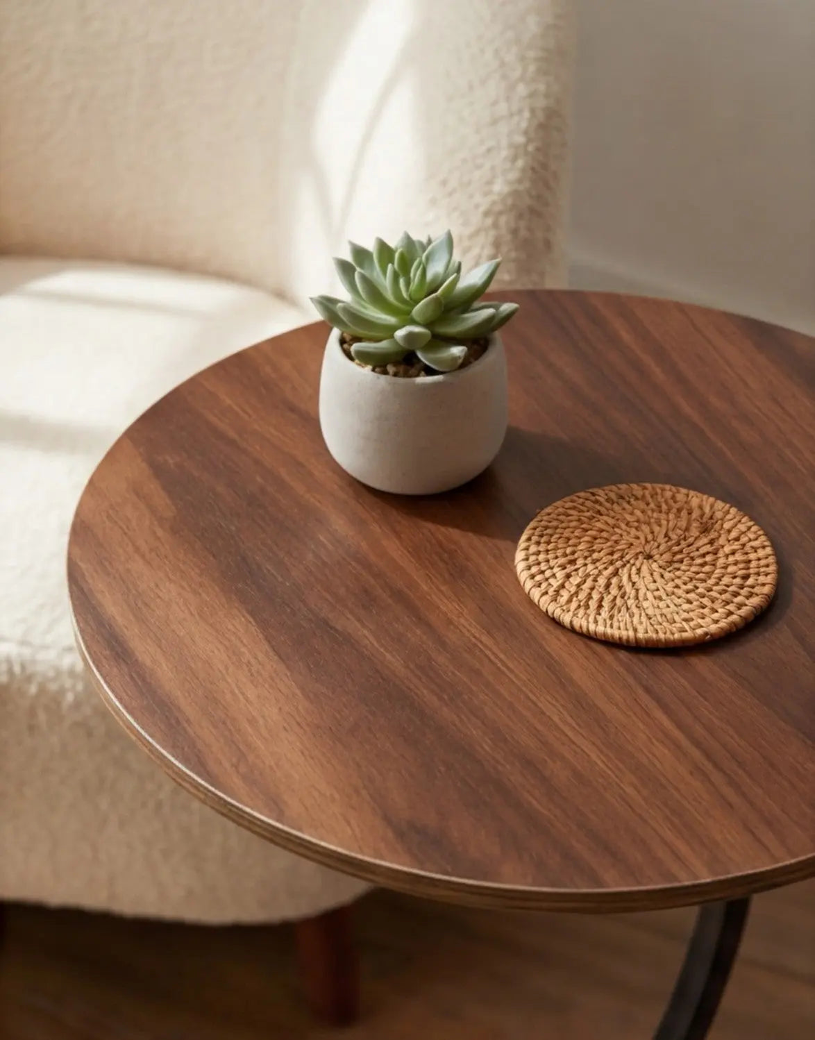 BAYTONA MX089 Modern Walnut Finish Round Side Table with Curved Black Metal Frame Baytona