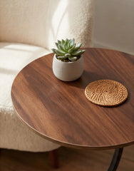 BAYTONA MX089 Modern Walnut Finish Round Side Table with Curved Black Metal Frame Baytona