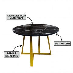 Round table with black marble-like top and gold legs, labeled features on a white background