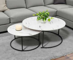 BAYTONA MX118 2-Piece Modern White Marble Look Nesting Coffee Table Set with Black Metal Base Baytona