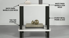 BAYTONA MX113 White Marble-Look Two-Tier Side Table with Black Metal Frame – Modern Accent Table