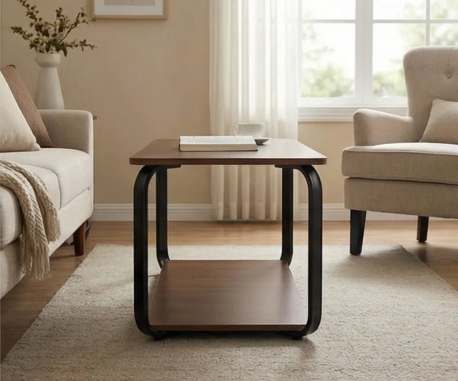 BAYTONA CF004 Modern Walnut Coffee Table with Black Metal Frame & Two-Tier Storage Baytona