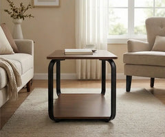 BAYTONA CF004 Modern Walnut Coffee Table with Black Metal Frame & Two-Tier Storage Baytona