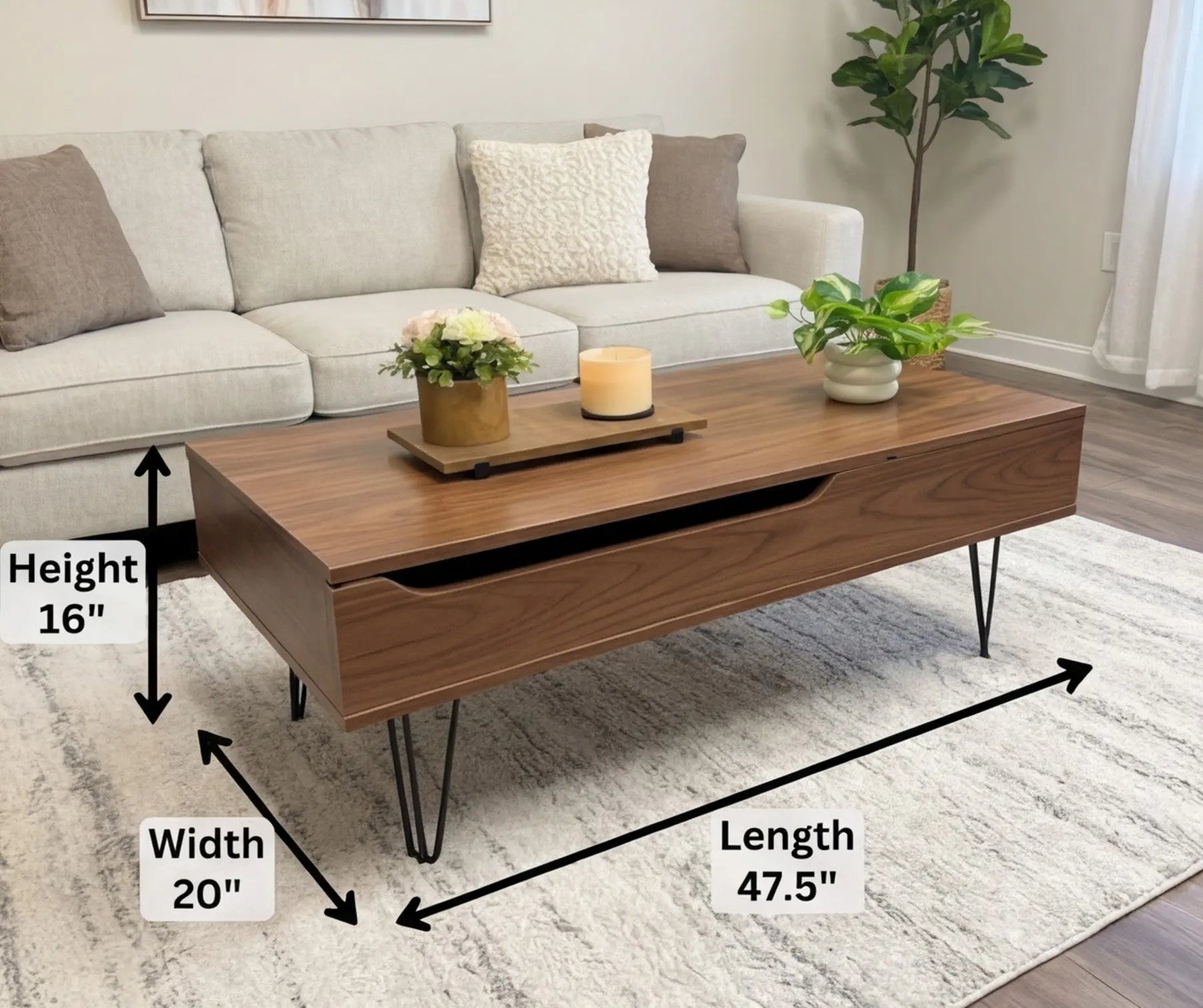 BAYTONA MX101 DUAL Modern Lift-Top Coffee Table with Hidden Storage & Hairpin Legs – Walnut Wood Finish Baytona