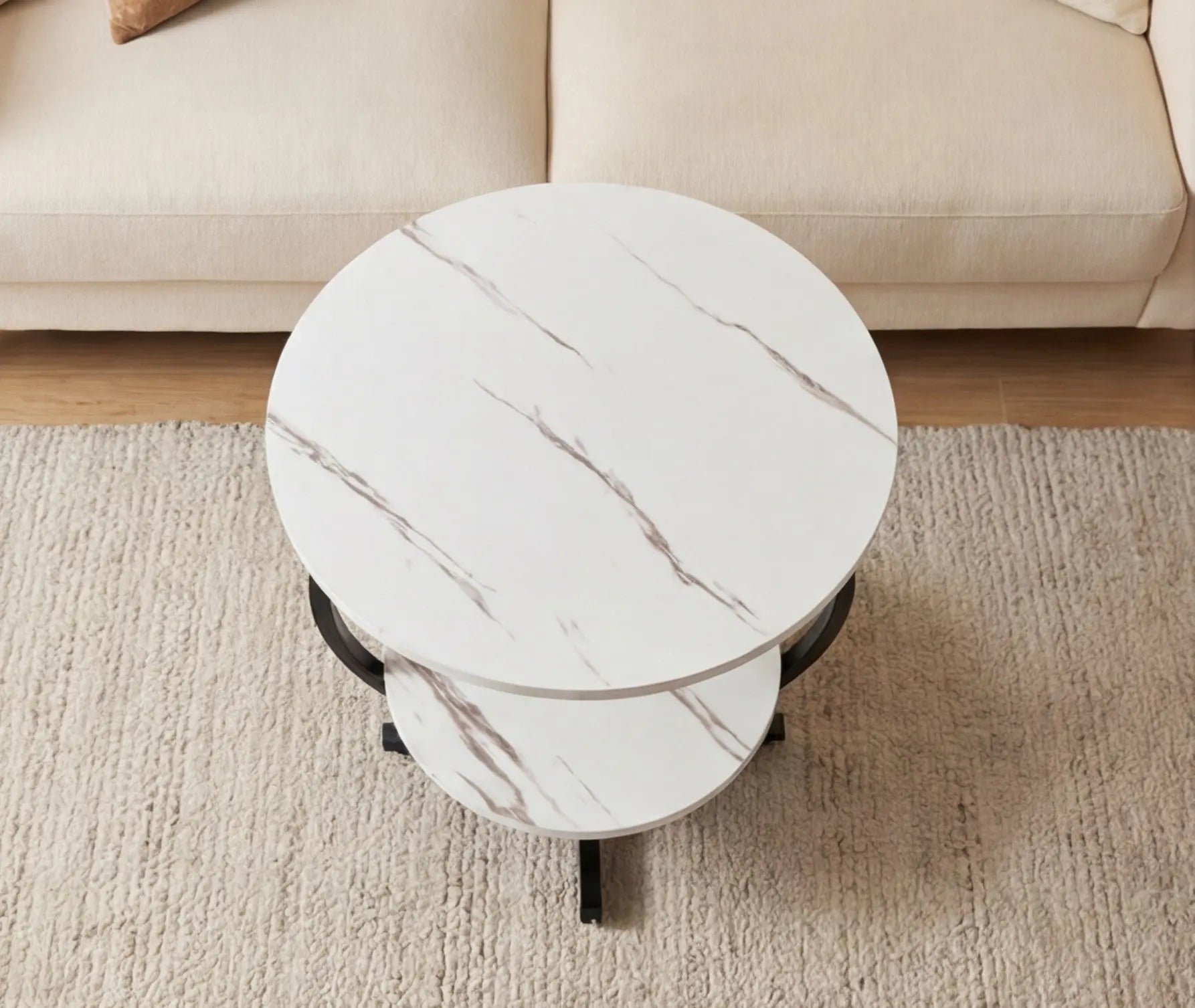 BAYTONA MX061 Modern Round Accent Table – Two-Tier Marble Look Top with Black Metal Circle Frame Baytona