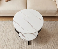 BAYTONA MX061 Modern Round Accent Table – Two-Tier Marble Look Top with Black Metal Circle Frame Baytona