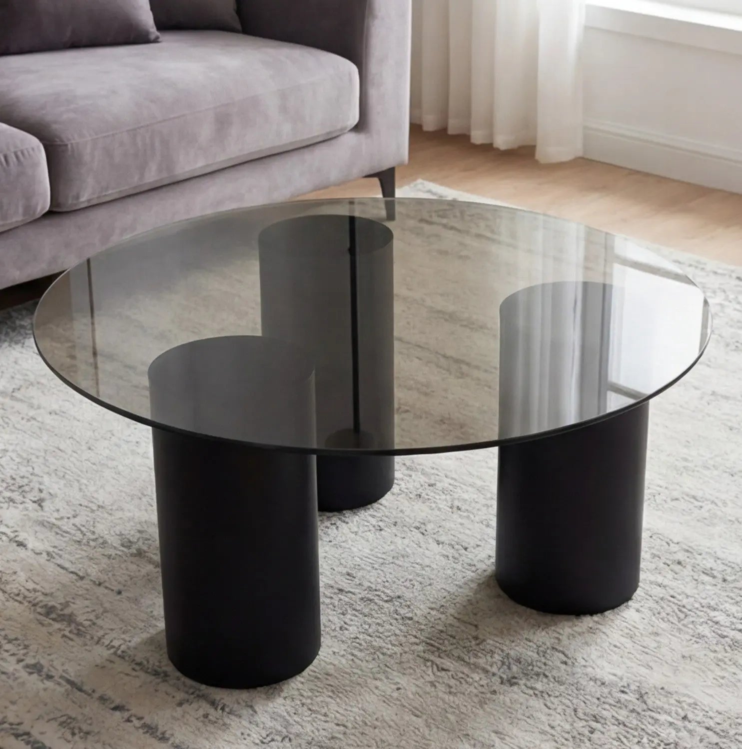 BAYTONA MX136 Modern Dark Tempered Glass Coffee Table Set of 2 – Round Minimalist Tables with Matte Black Base Baytona