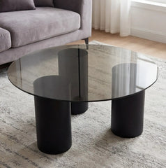 BAYTONA MX136 Modern Dark Tempered Glass Coffee Table Set of 2 – Round Minimalist Tables with Matte Black Base Baytona
