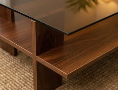 BAYTONA MX150 Modern Tempered Glass Coffee Table with Wood Base & Storage Shelf Baytona
