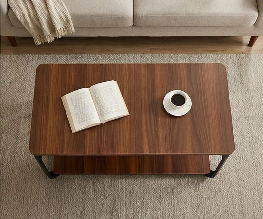 BAYTONA CF004 Modern Walnut Coffee Table with Black Metal Frame & Two-Tier Storage Baytona