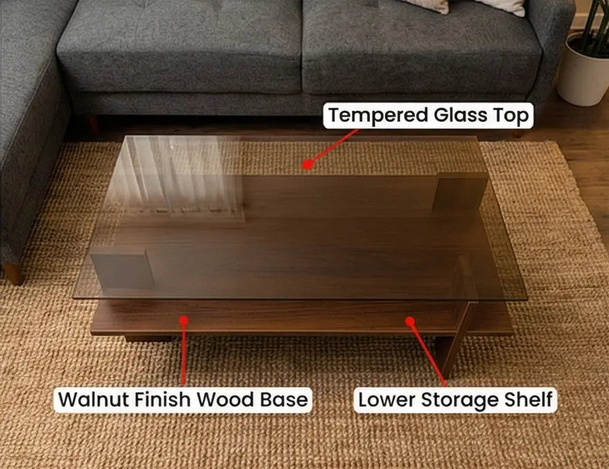 BAYTONA MX150 Modern Tempered Glass Coffee Table with Wood Base & Storage Shelf Baytona