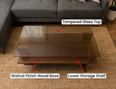 BAYTONA MX150 Modern Tempered Glass Coffee Table with Wood Base & Storage Shelf Baytona