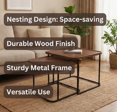 BAYTONA MX109 Modern Walnut Nesting Coffee Table Set – Walnut Veneer Tops & Black Metal Frame Baytona