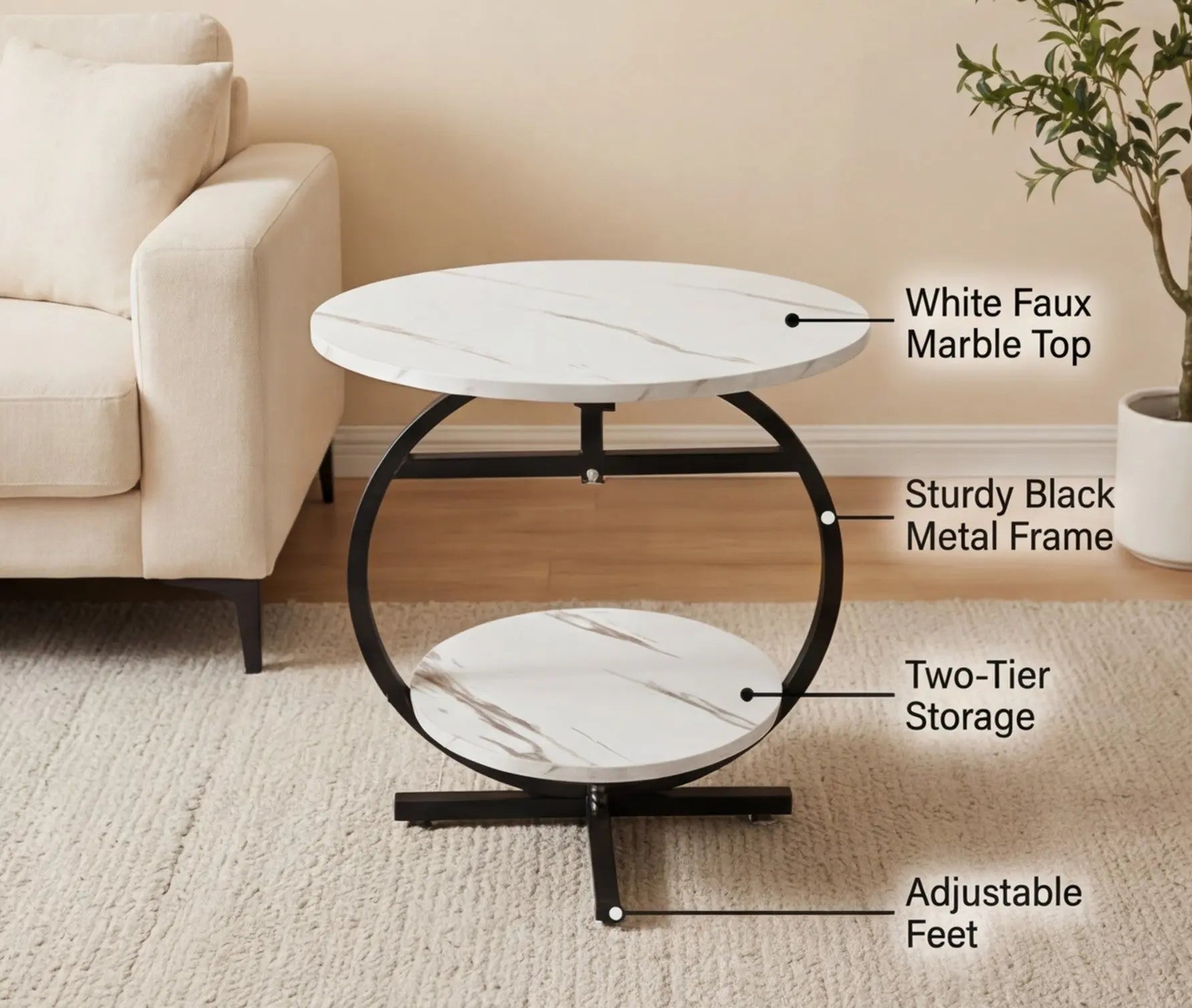 BAYTONA MX061 Modern Round Accent Table – Two-Tier Marble Look Top with Black Metal Circle Frame Baytona