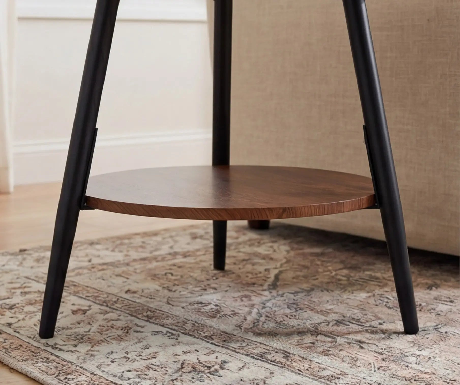 BAYTONA MX092 Round Walnut Finish Two-Tier Side Table with Tray Top & Metal Frame Baytona