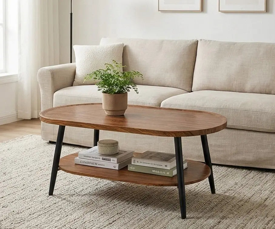 BAYTONA MX110 Modern Oval Walnut Coffee Table with Lower Storage Shelf – Black Metal Legs Baytona