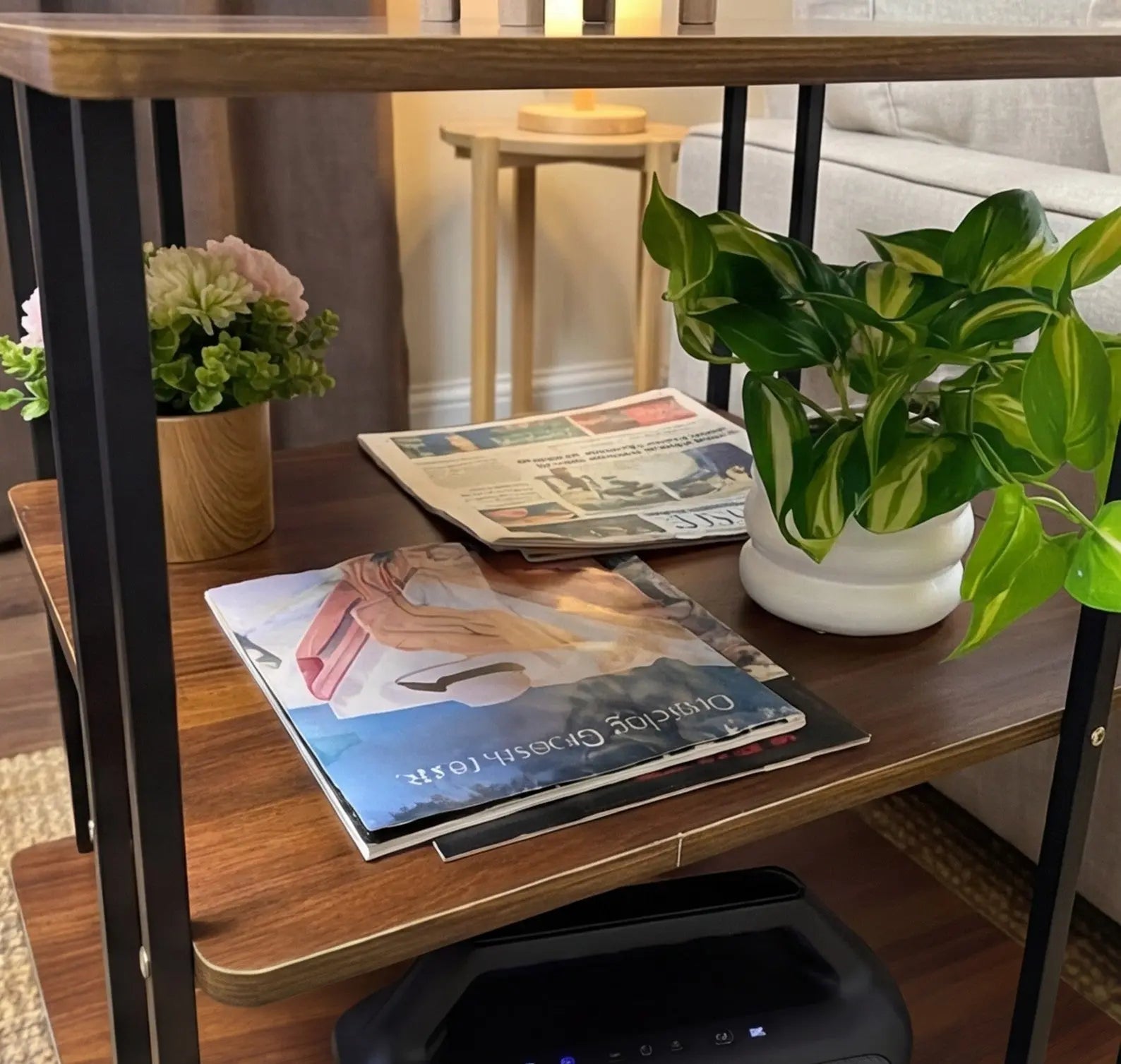 BAYTONA MX107 Three-Tier Dark Walnut Finish Side Table with Black Metal Frame – Multi-Level Storage Organizer Baytona