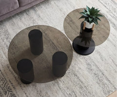 BAYTONA MX136 Modern Dark Tempered Glass Coffee Table Set of 2 – Round Minimalist Tables with Matte Black Base Baytona