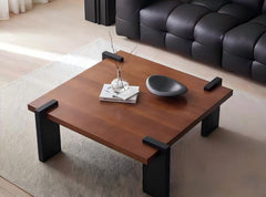 BAYTONA MX155 Modern Walnut Wood Coffee Table with Sturdy Black Metal Legs – Minimalist Square Design