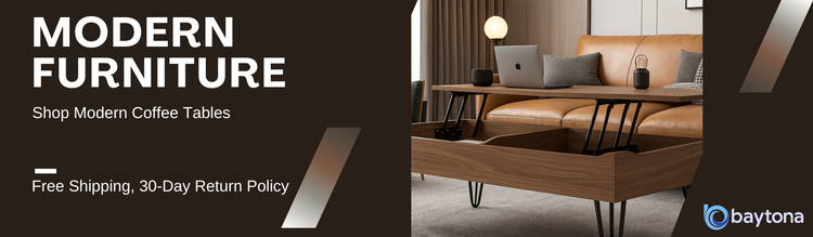 Advertisement for modern furniture with a coffee table with a lift top, featuring Baytona brand.