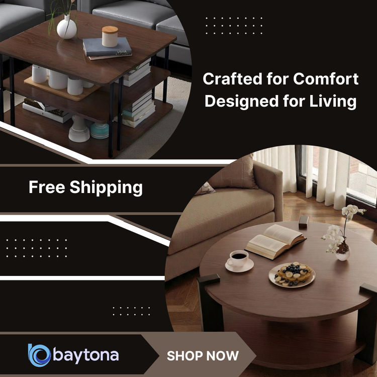 Living room scene with a coffee table and sofa, featuring Baytona furniture brand.