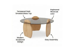 BAYTONA CF003 Modern Round Smoked Glass Coffee Table with Oak Wood Finish Legs Baytona