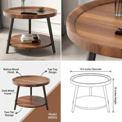 BAYTONA MX092 Round Walnut Two-Tier Side Table with Tray Top & Metal Frame