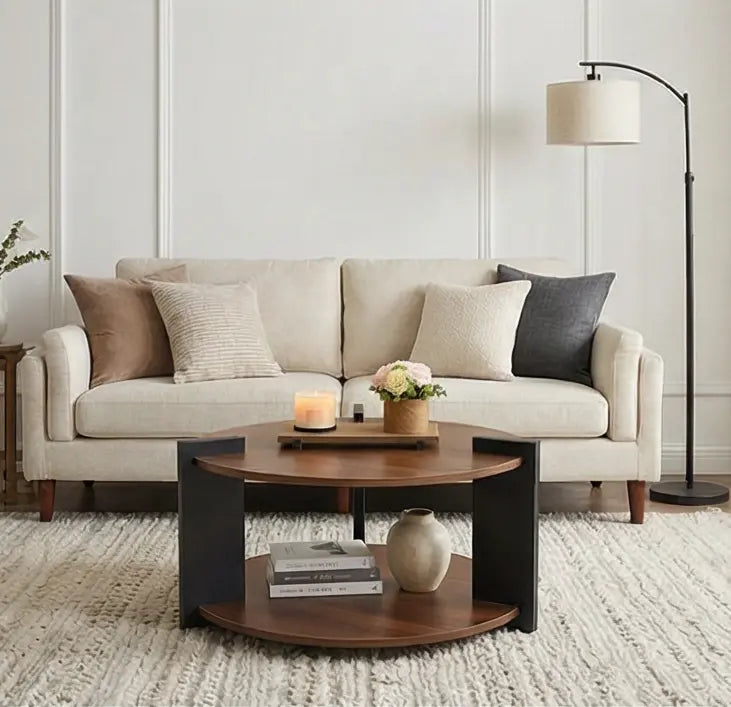 BAYTONA MX156 Modern Round Wood Coffee Table with Two-Tier Storage – Dark Walnut Finish Baytona