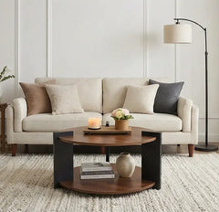 BAYTONA MX156 Modern Round Wood Coffee Table with Two-Tier Storage – Dark Walnut Finish Baytona