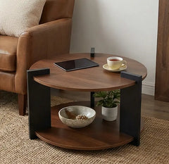 BAYTONA MX156 Modern Round Wood Coffee Table with Two-Tier Storage – Dark Walnut Finish Baytona